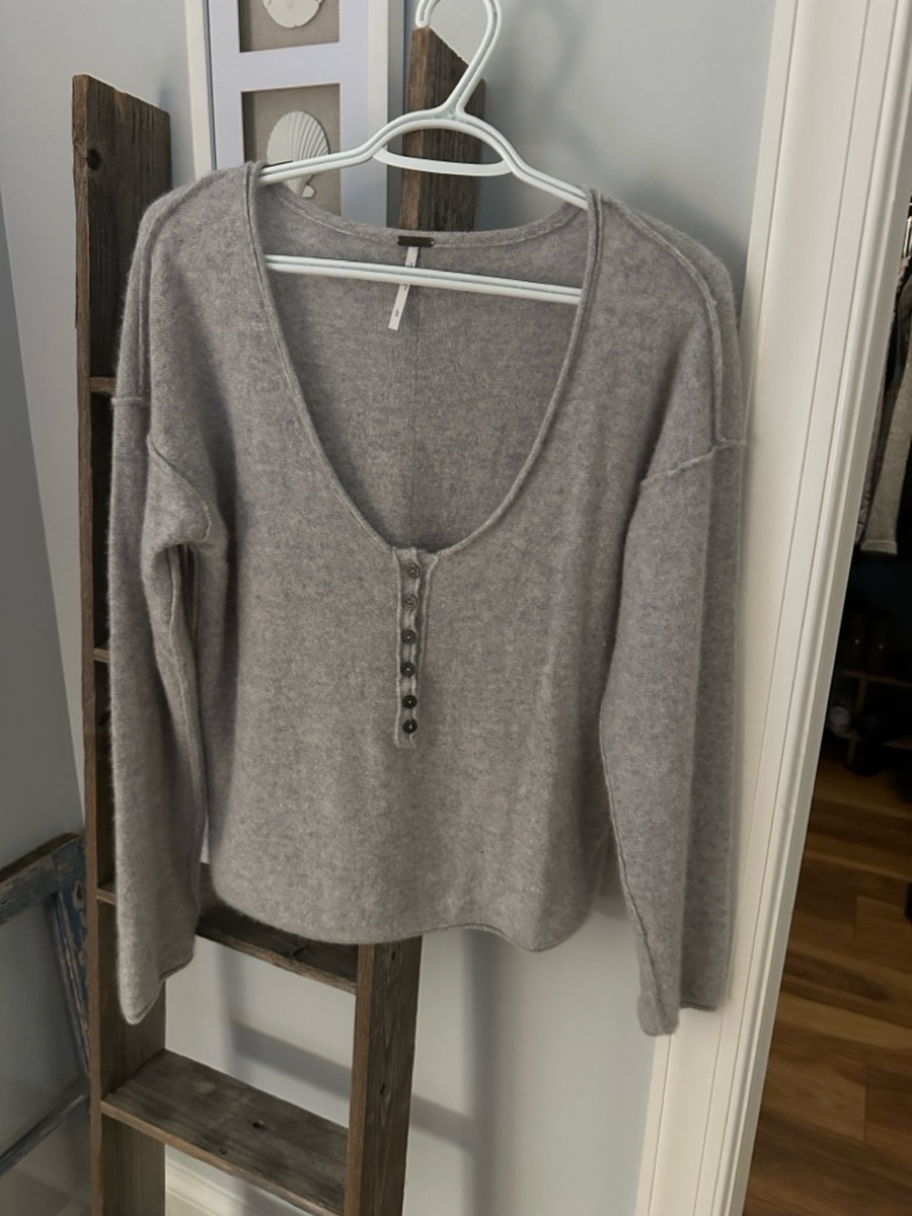 Free People Light Gray Button-Front V-Neck Sweater